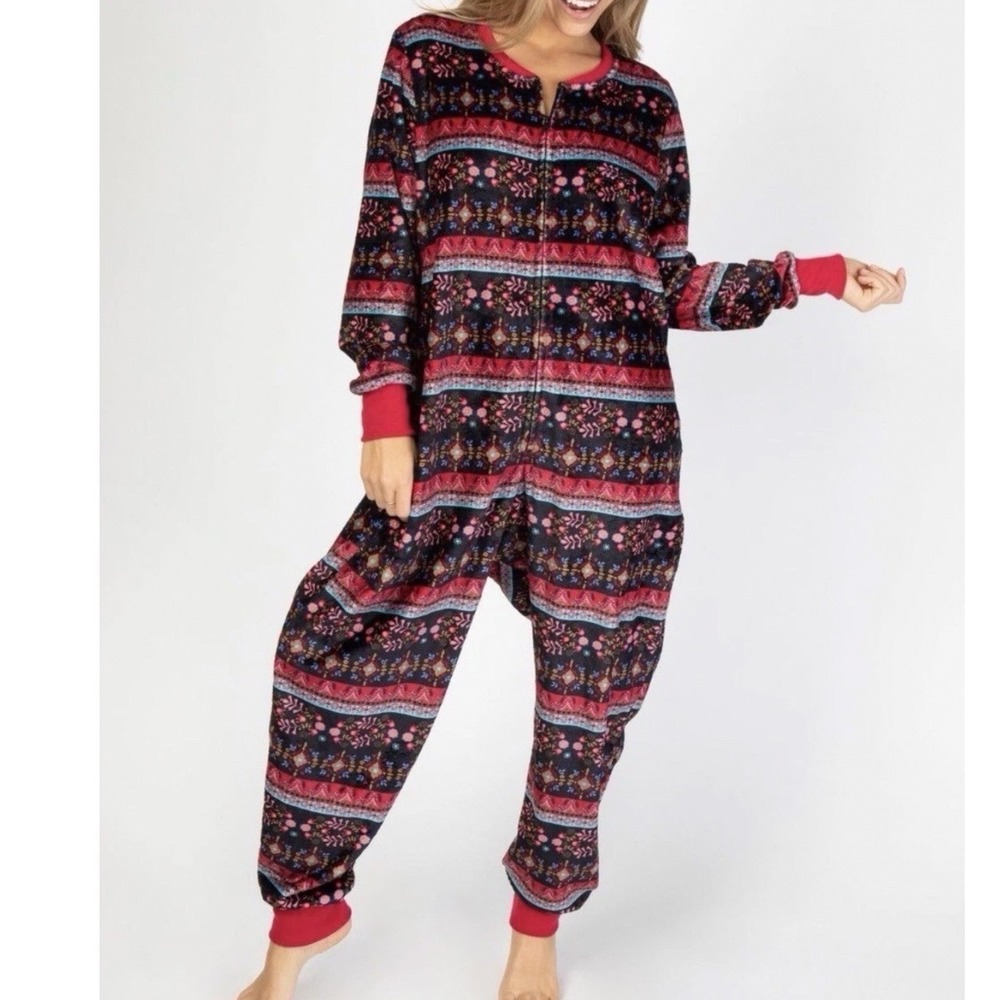 Natural Life Women L/XL Boho Fair Isle Fleece Union Suit Pajamas Red Blue Black